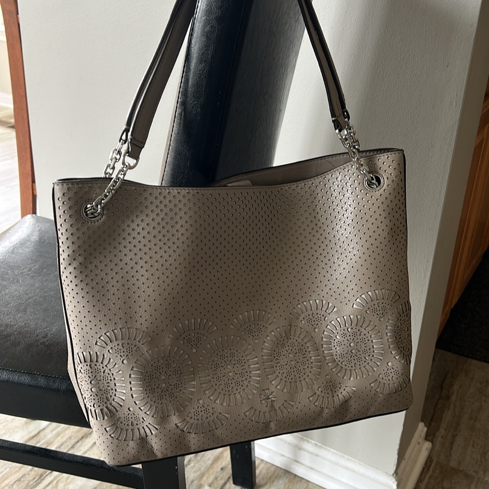 Tory Burch French Taupe Perforated Leather LG purse Silver hardware double strap